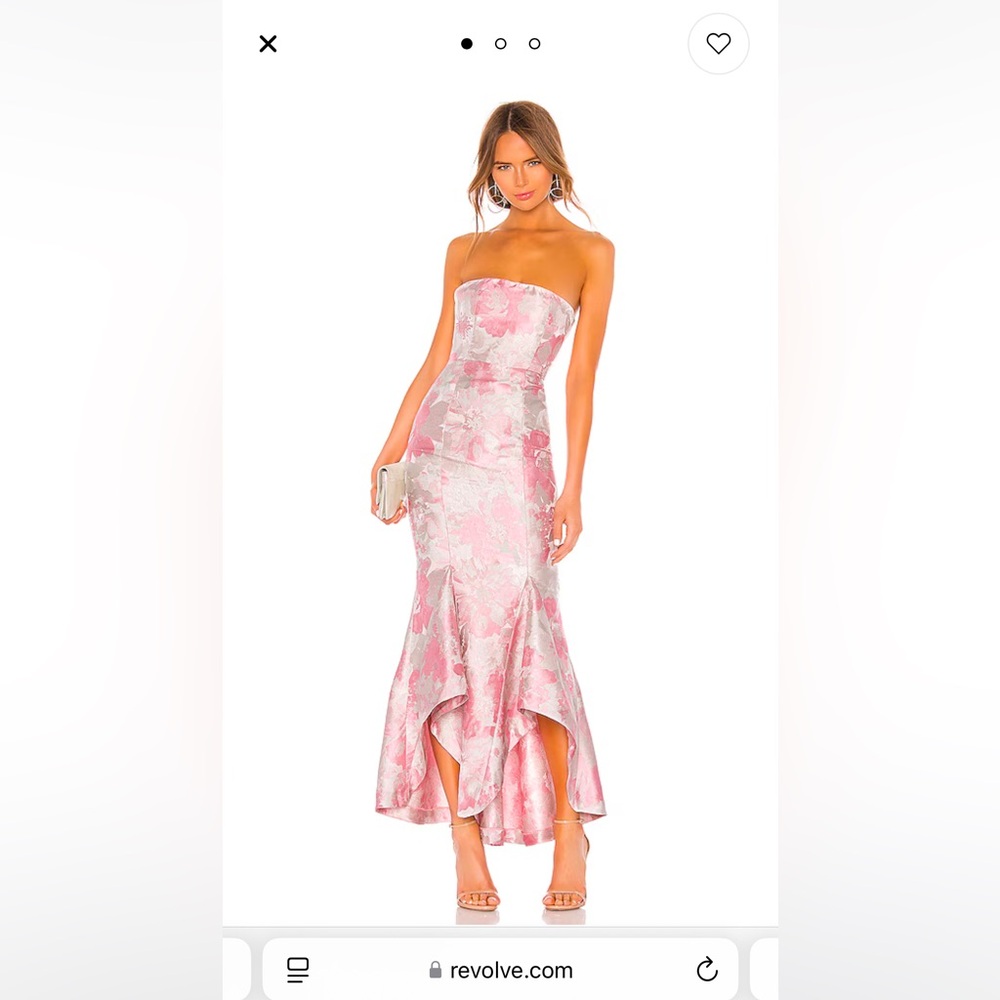 Revolve Lovers and Friends Urgonia Gown (pink floral jacquard high low dress)